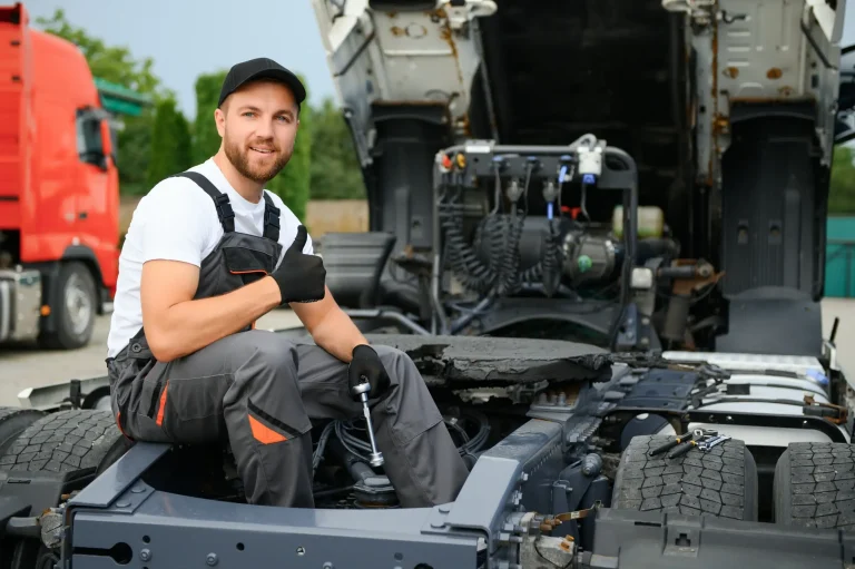 A man giving a thumbs sitting on the back of the truck.