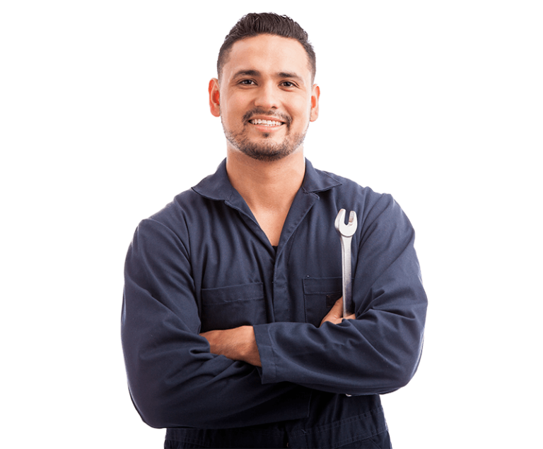 A mechanic holding a wrench with transparent background.