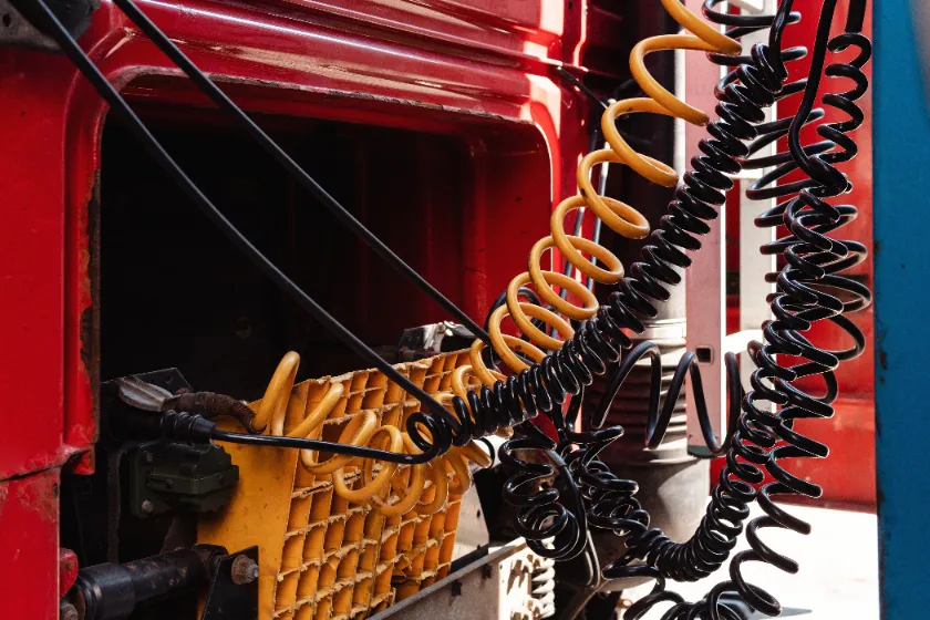 Hydraulics hoses on the back of the trailer truck.